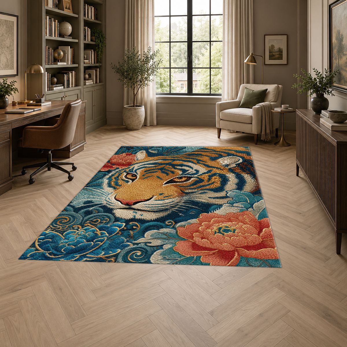 Tiger and Peony Japanese Waves printed area rug