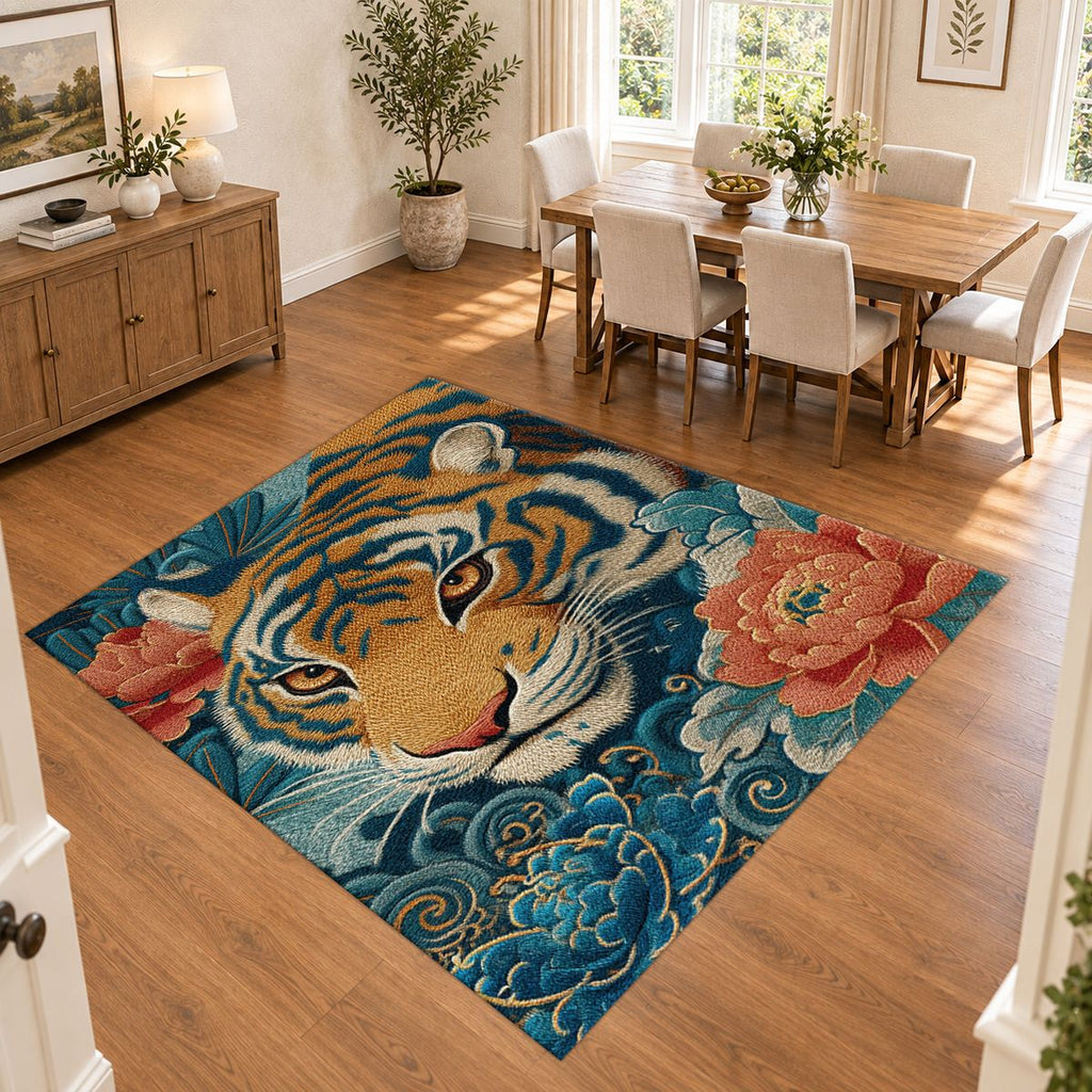 Tiger and Peony Japanese Waves printed area rug