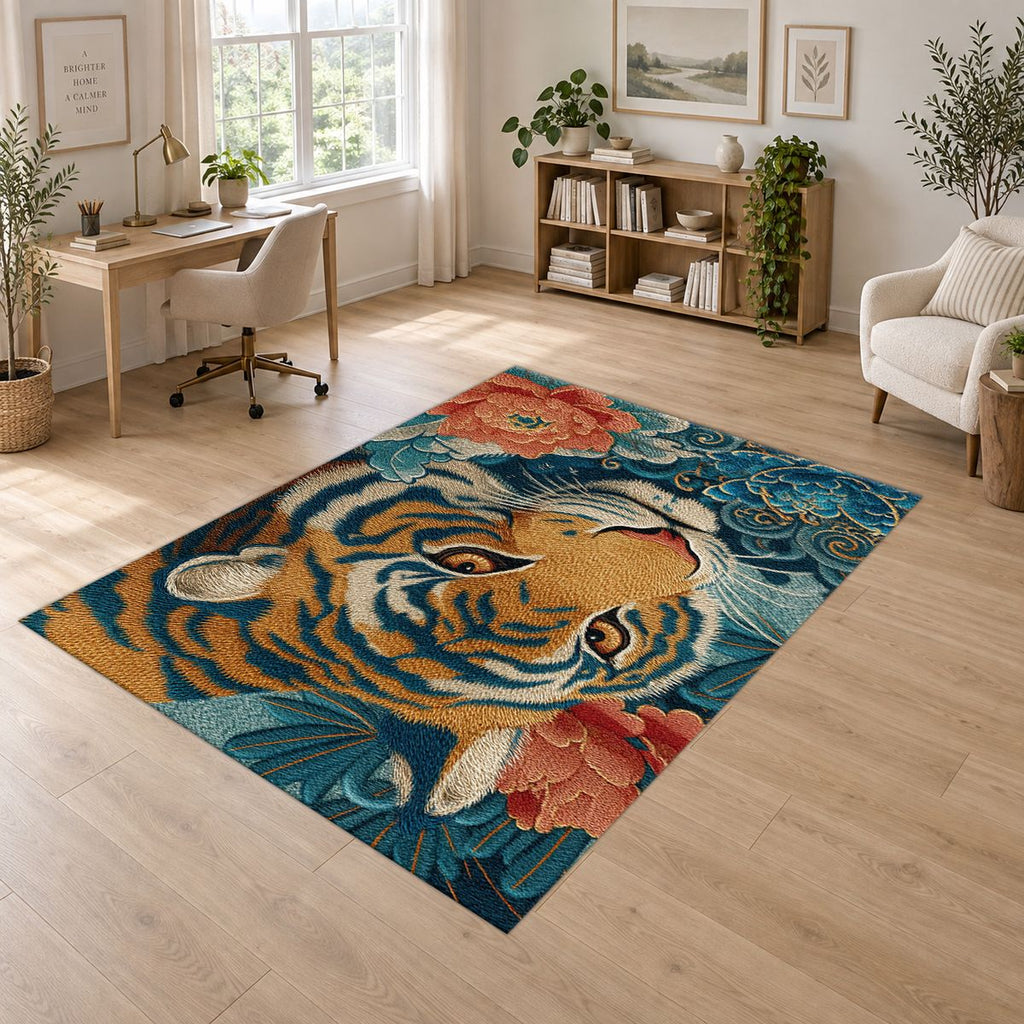 Tiger and Peony Japanese Waves printed area rug
