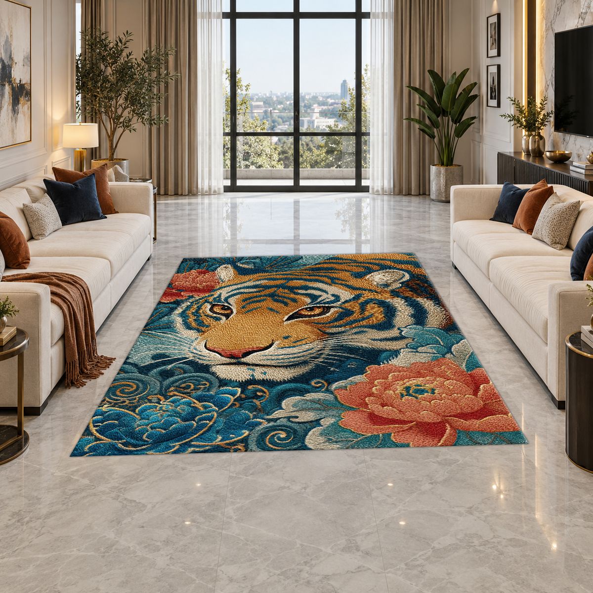 Tiger and Peony Japanese Waves printed area rug