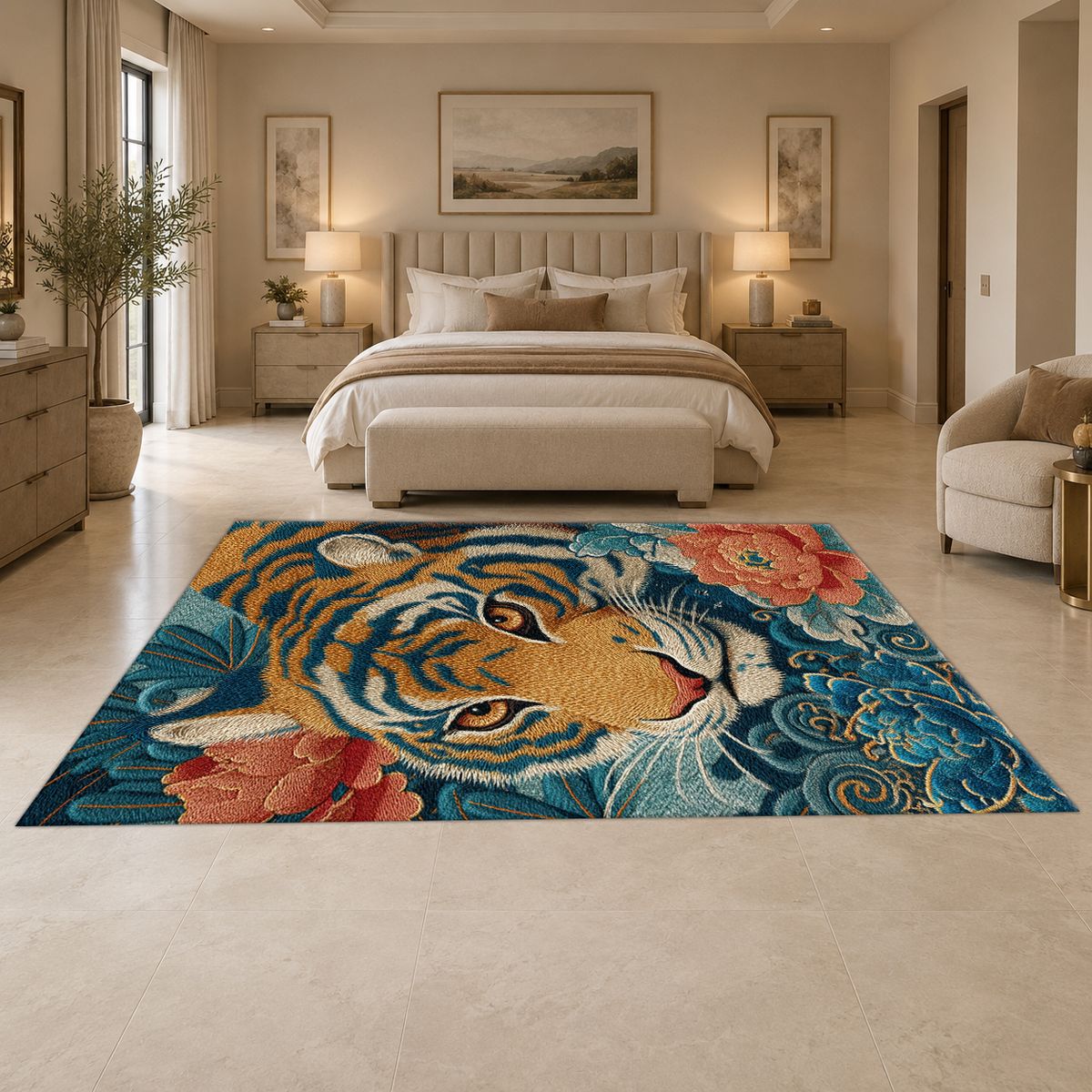 Tiger and Peony Japanese Waves printed area rug