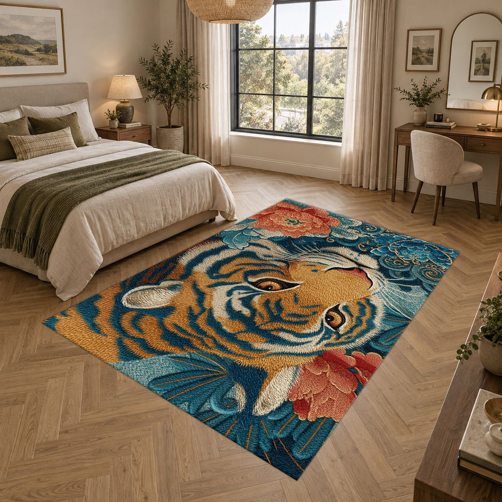 Tiger and Peony Japanese Waves printed area rug