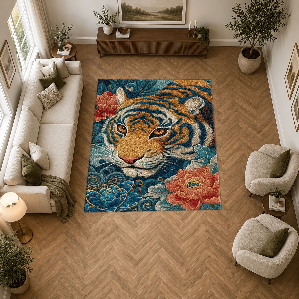 Tiger and Peony Japanese Waves printed area rug