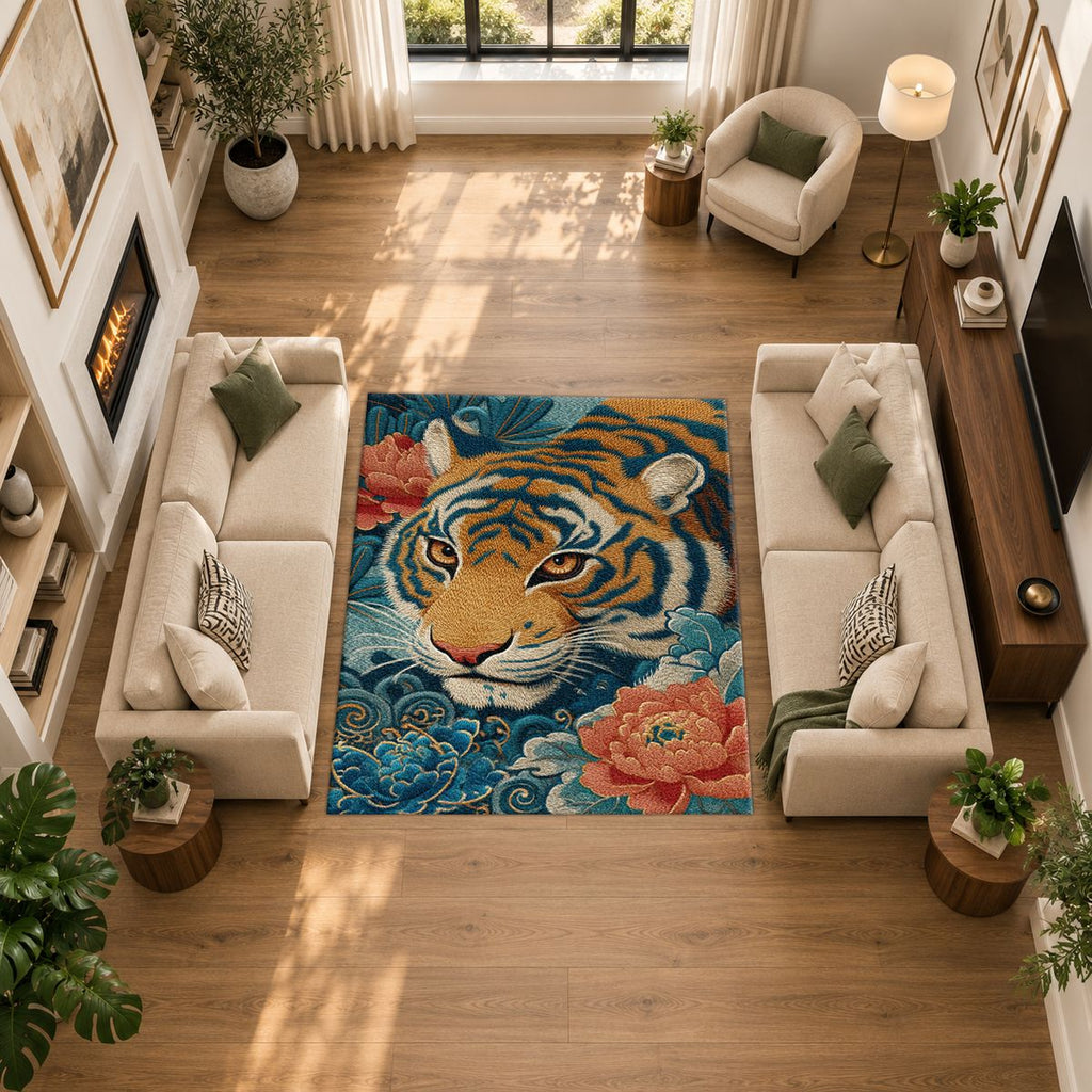 Tiger and Peony Japanese Waves printed area rug
