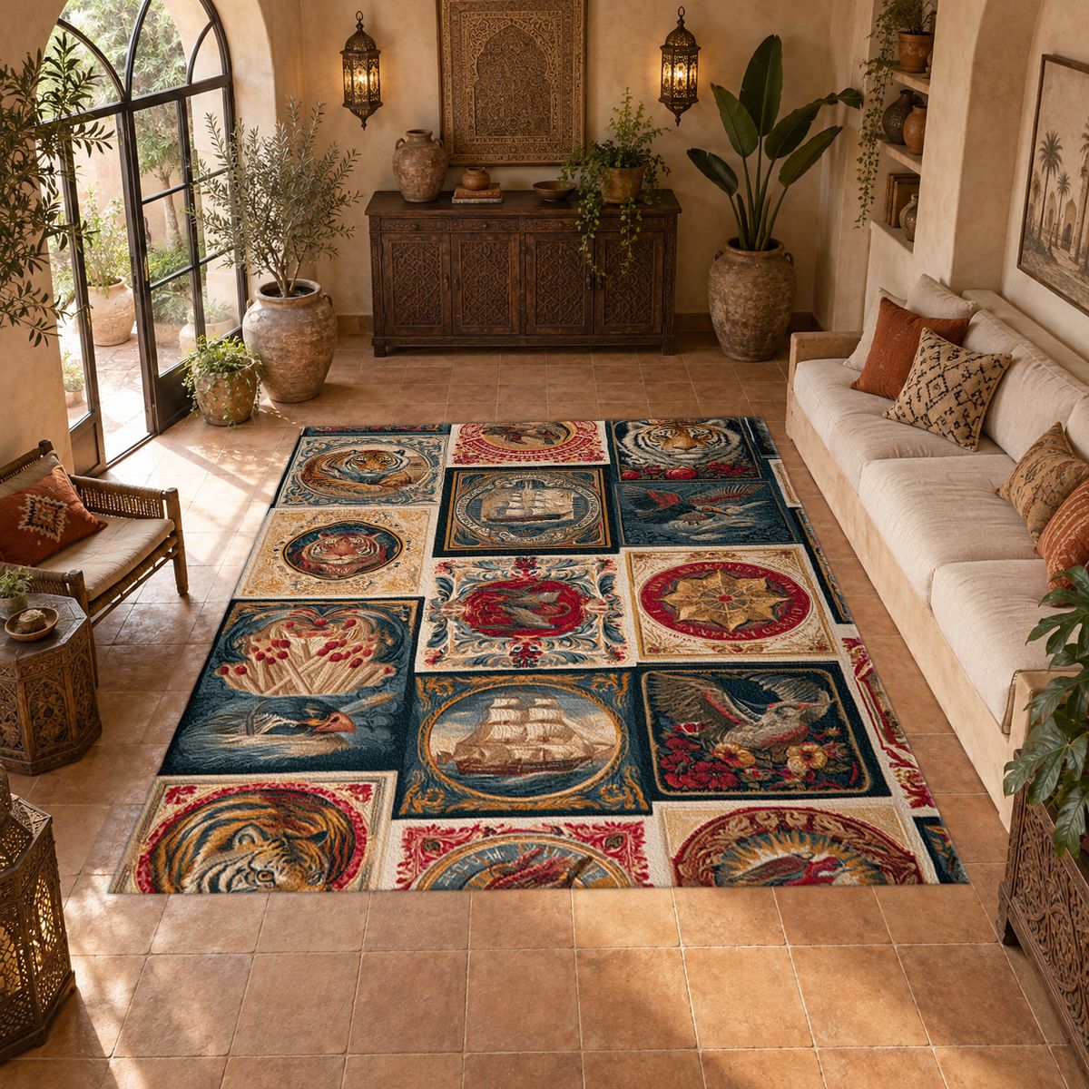 Vintage Ships and Postage Stamps printed area rug