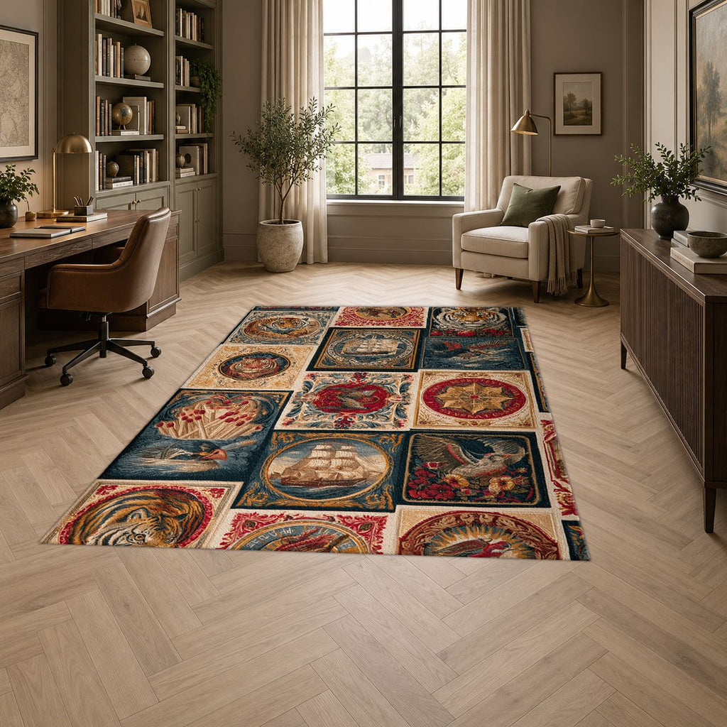 Vintage Ships and Postage Stamps printed area rug