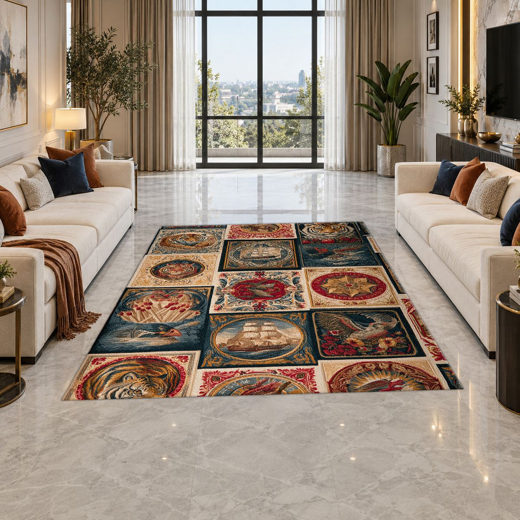 Vintage Ships and Postage Stamps printed area rug