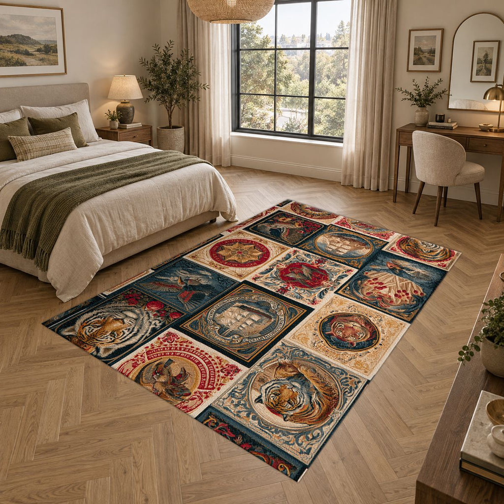 Vintage Ships and Postage Stamps printed area rug