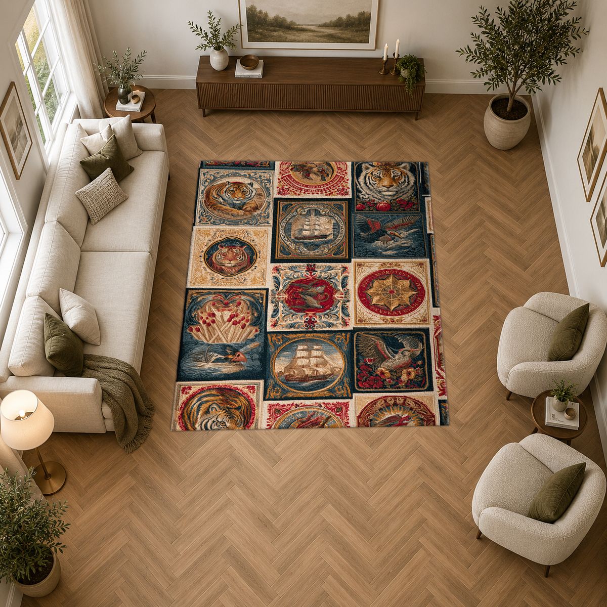 Vintage Ships and Postage Stamps printed area rug