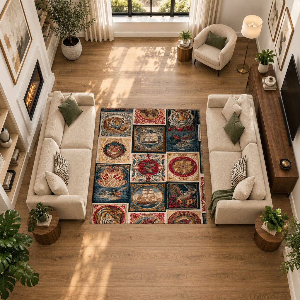 Vintage Ships and Postage Stamps printed area rug