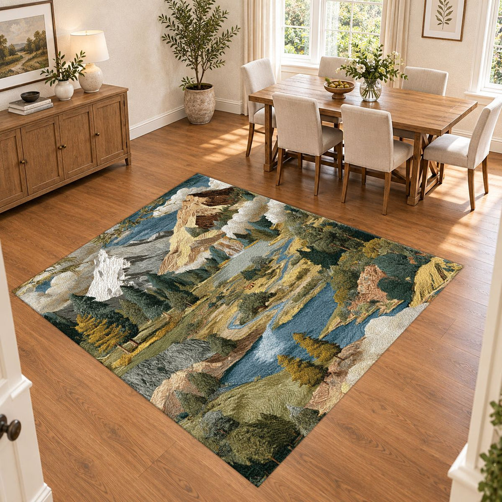 Mountain Lake Landscape Patchwork printed area rug