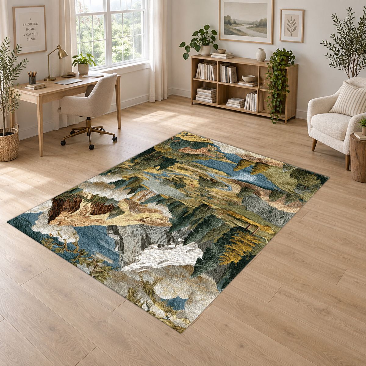 Mountain Lake Landscape Patchwork printed area rug