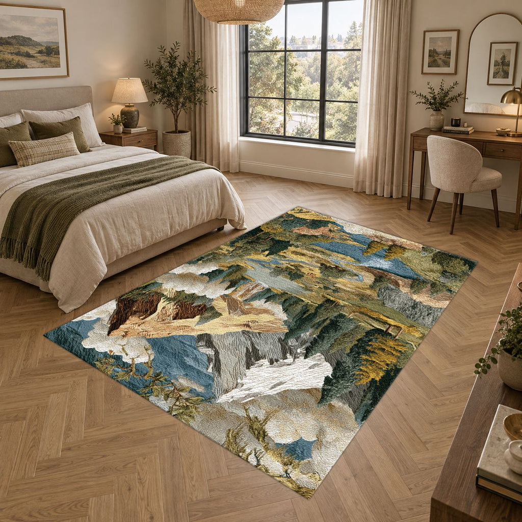 Mountain Lake Landscape Patchwork printed area rug