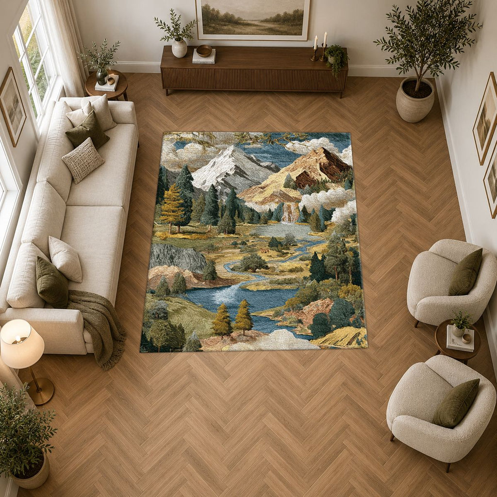 Mountain Lake Landscape Patchwork printed area rug