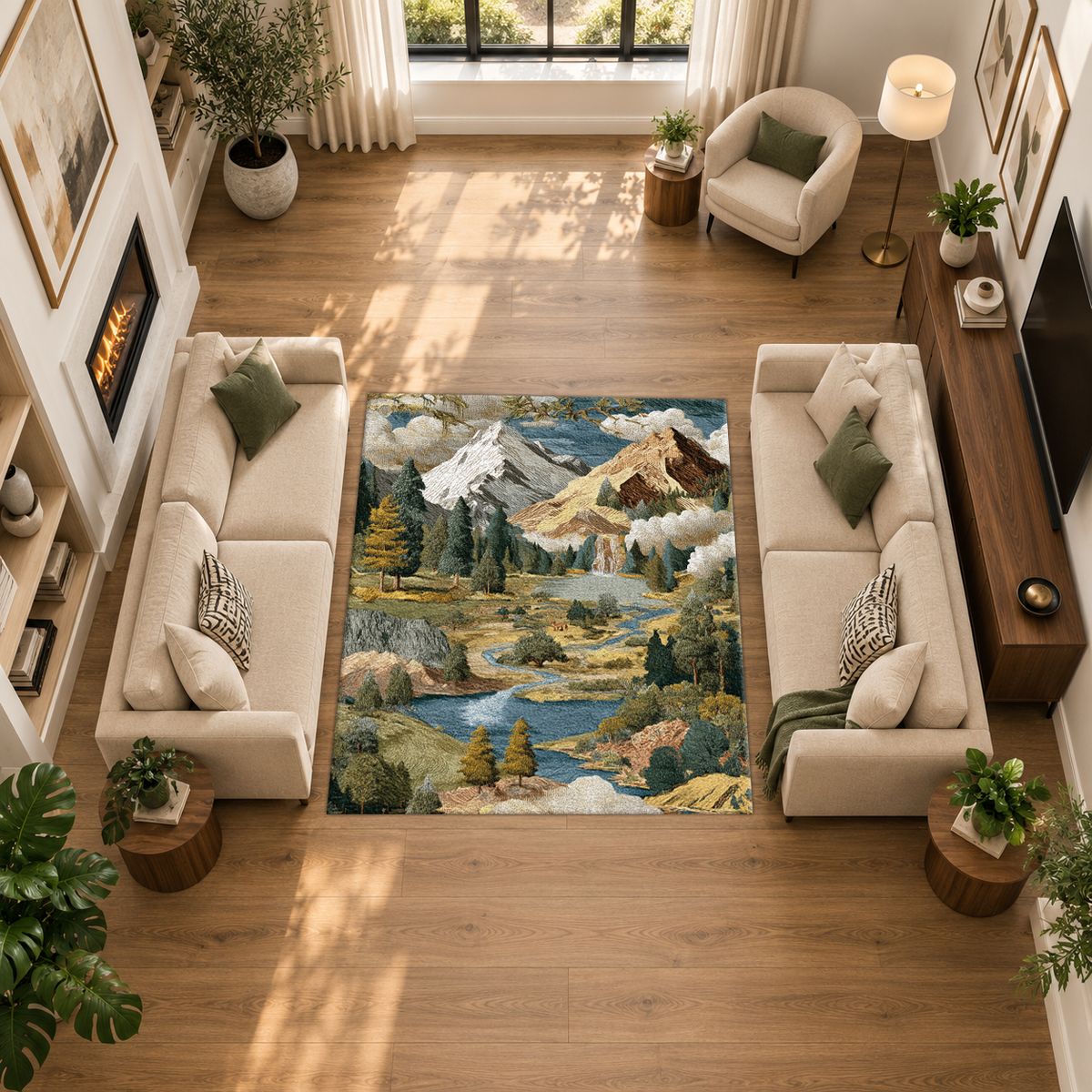 Mountain Lake Landscape Patchwork printed area rug