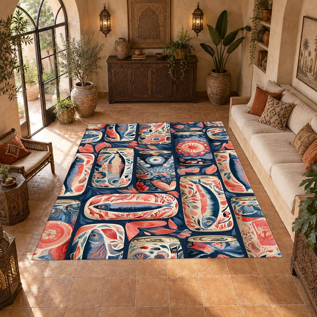 Coral and Navy Sardine Tins printed area rug