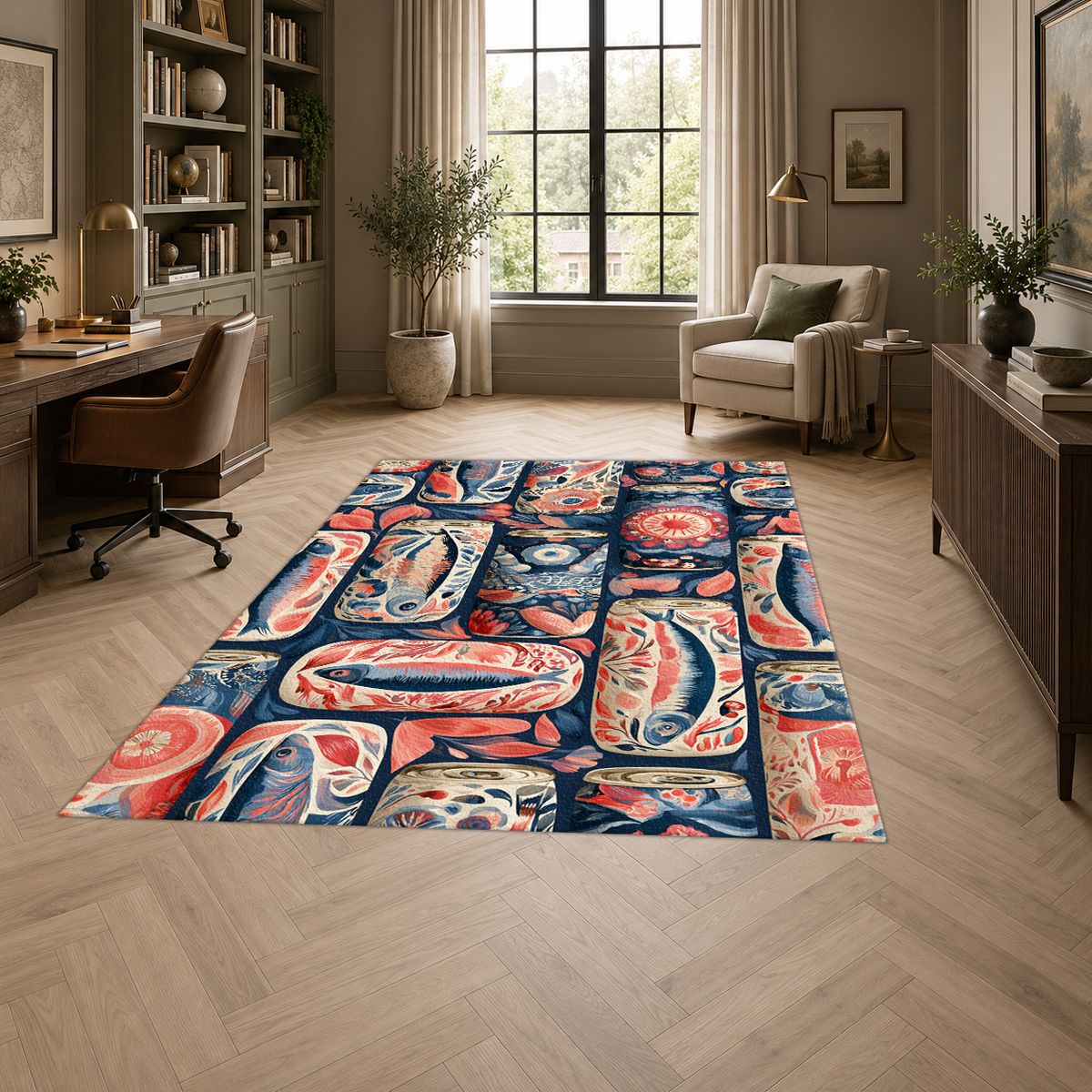 Coral and Navy Sardine Tins printed area rug