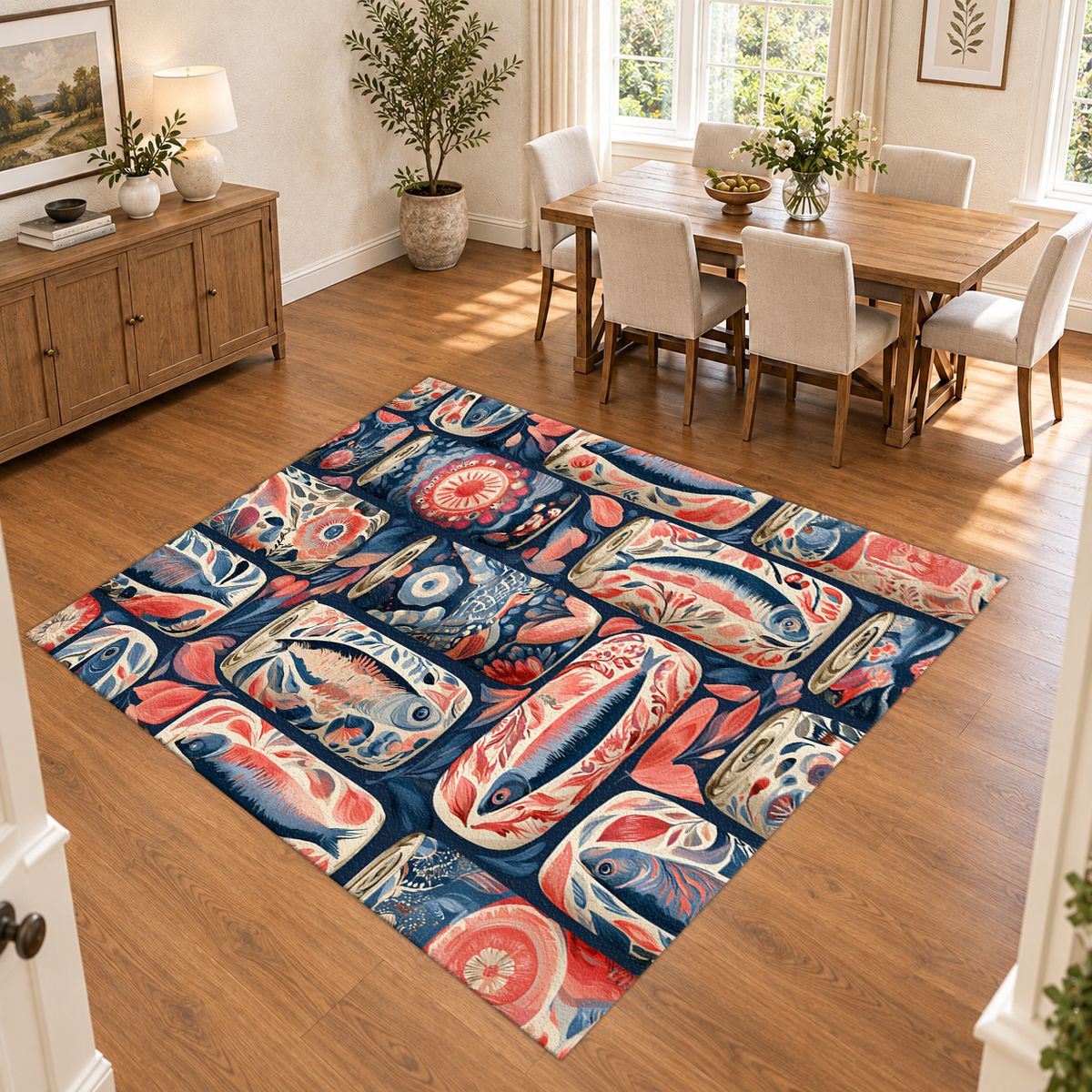 Coral and Navy Sardine Tins printed area rug