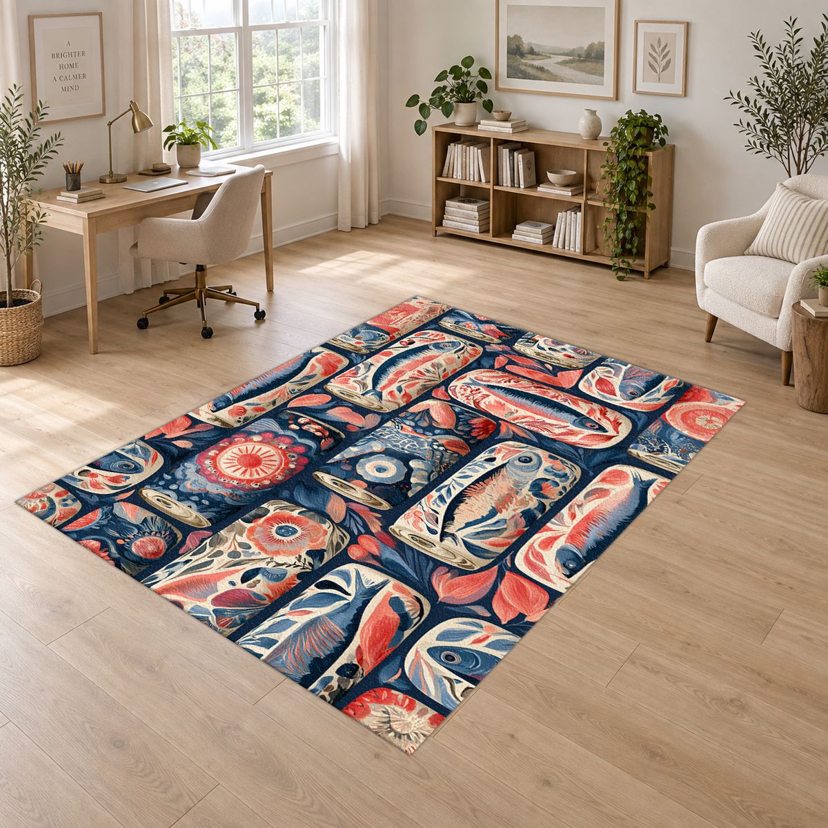 Coral and Navy Sardine Tins printed area rug