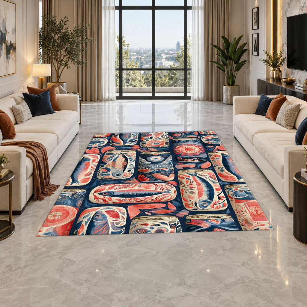 Coral and Navy Sardine Tins printed area rug