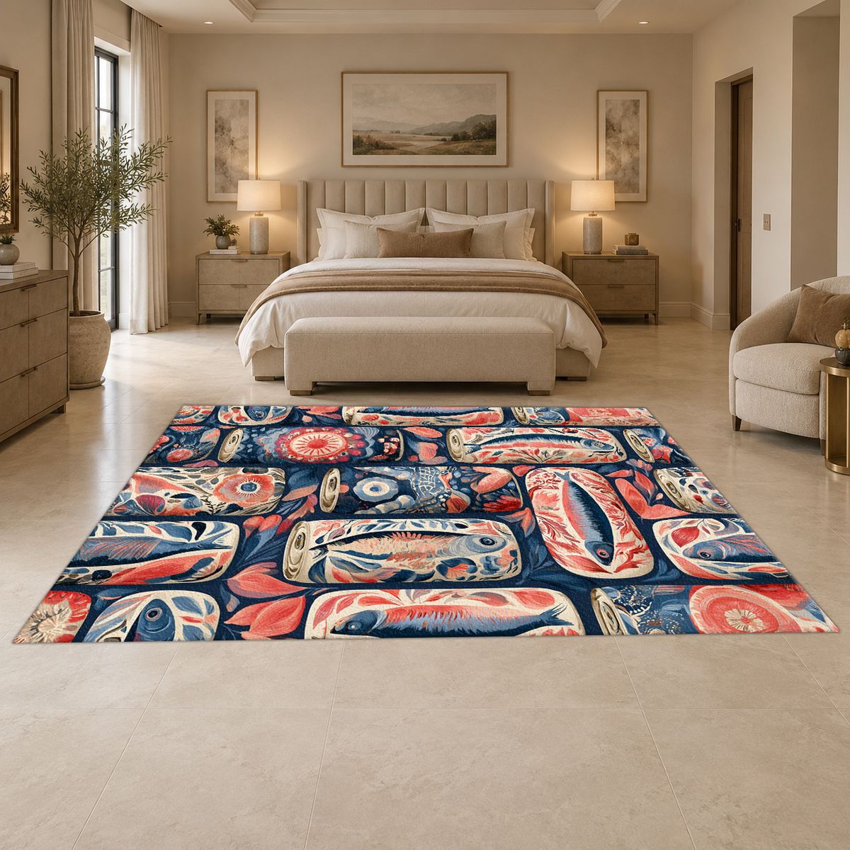 Coral and Navy Sardine Tins printed area rug