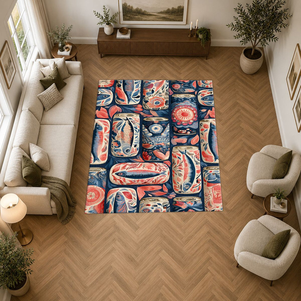 Coral and Navy Sardine Tins printed area rug