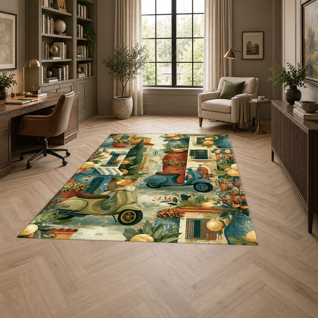Mediterranean Scooter Street Scene printed area rug