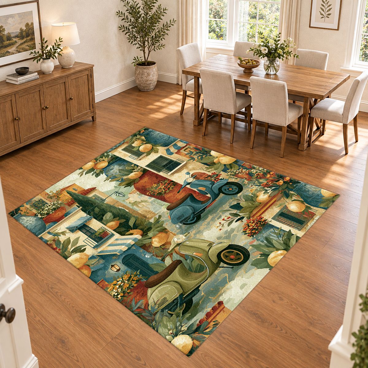 Mediterranean Scooter Street Scene printed area rug
