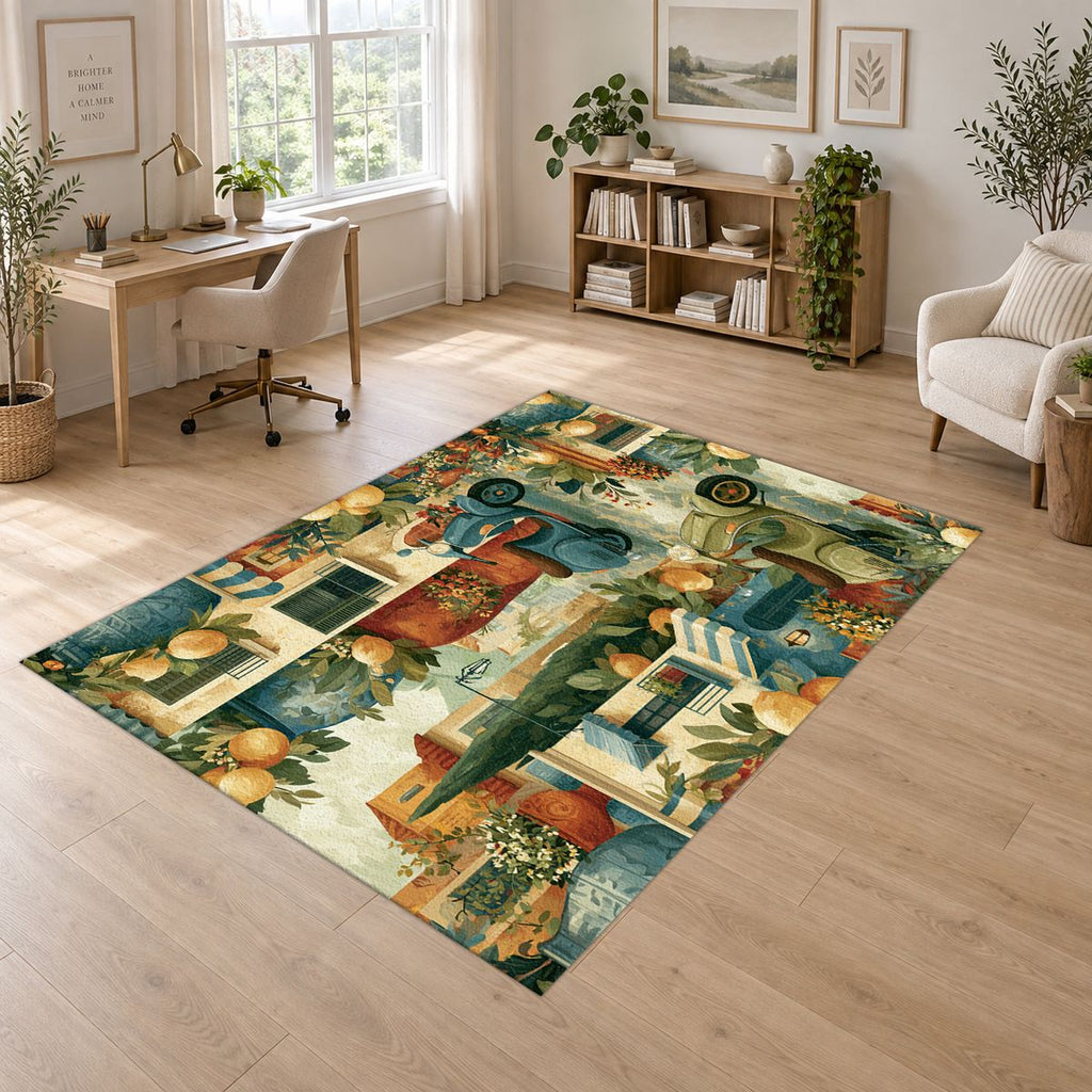 Mediterranean Scooter Street Scene printed area rug