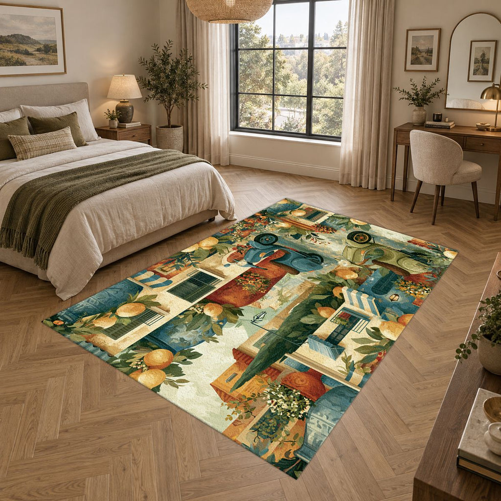Mediterranean Scooter Street Scene printed area rug