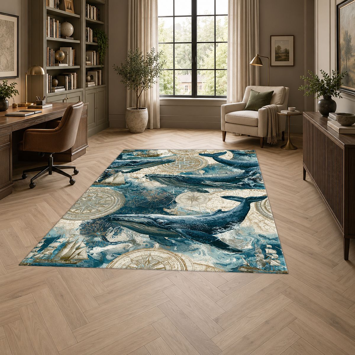 Blue Whales Ocean Pattern printed area rug
