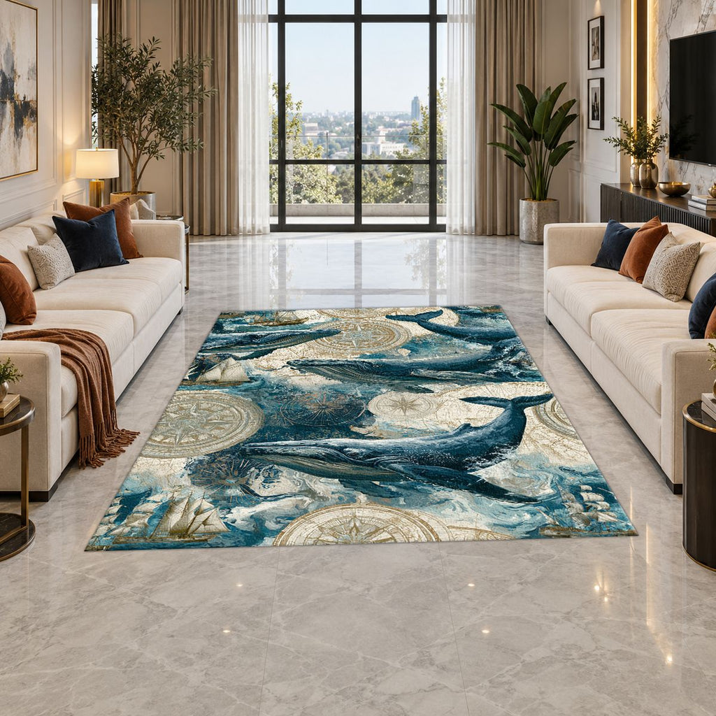 Blue Whales Ocean Pattern printed area rug