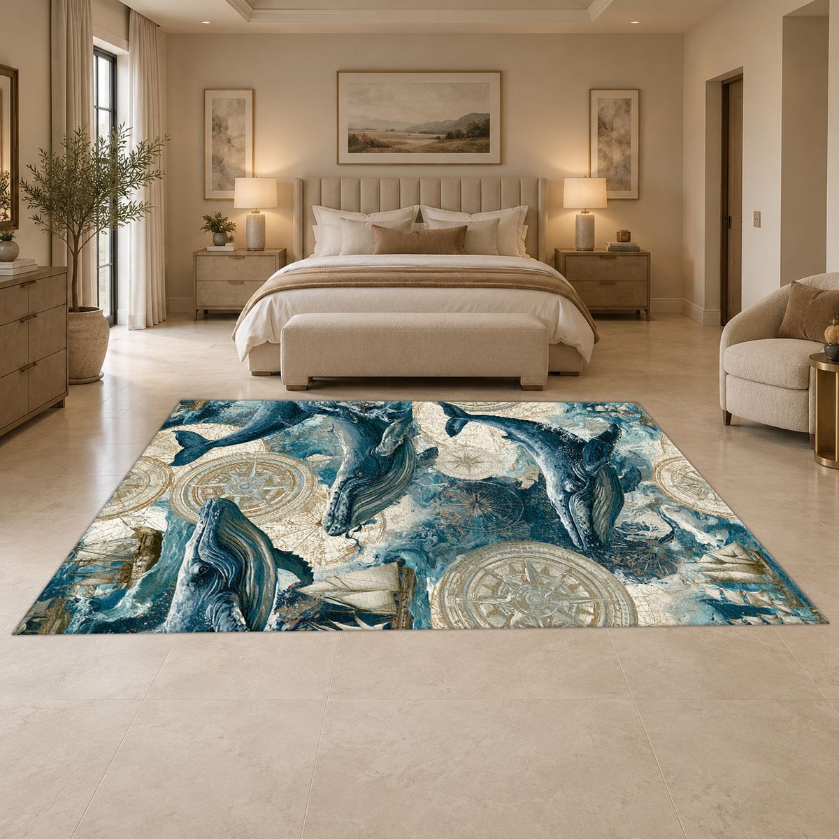 Blue Whales Ocean Pattern printed area rug