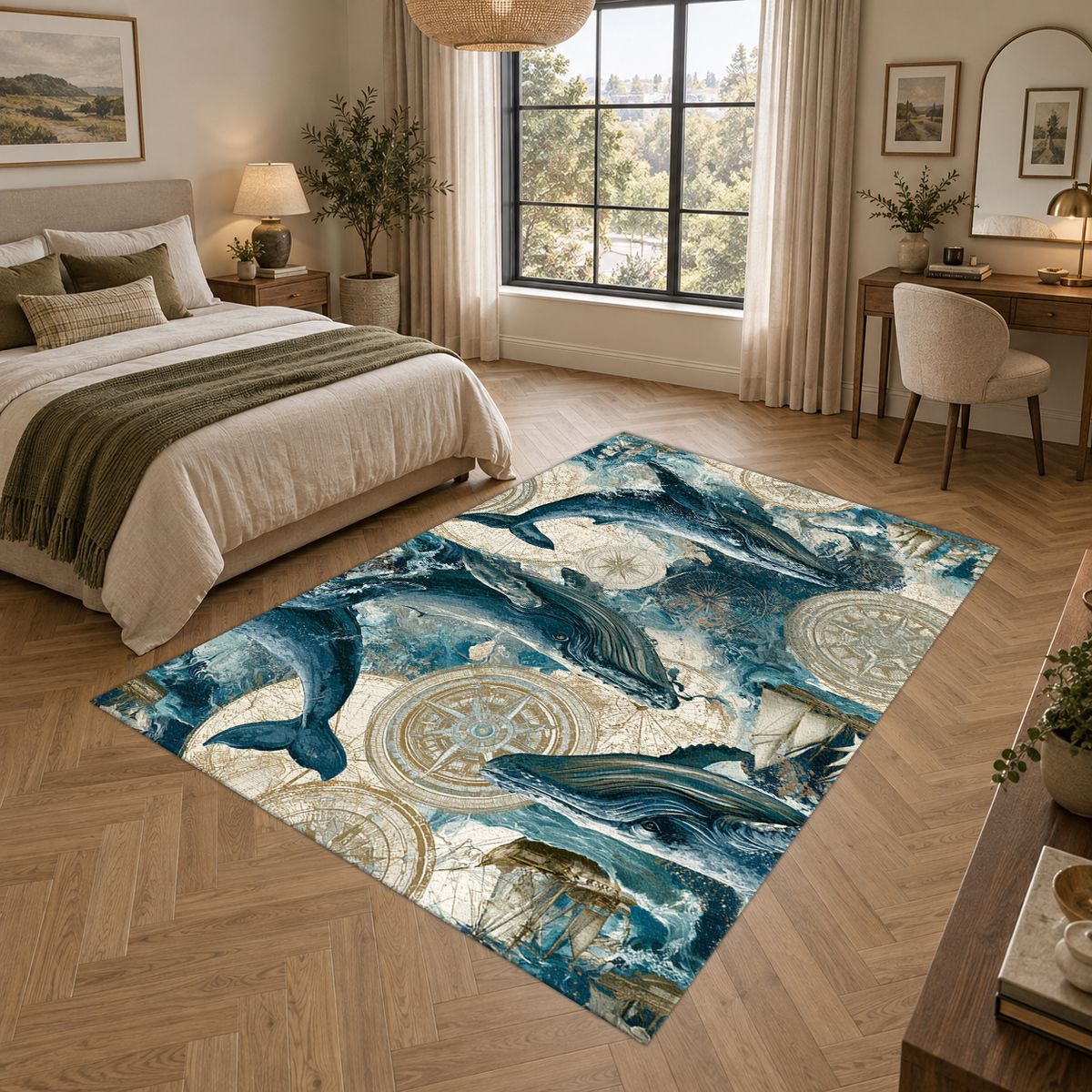Blue Whales Ocean Pattern printed area rug