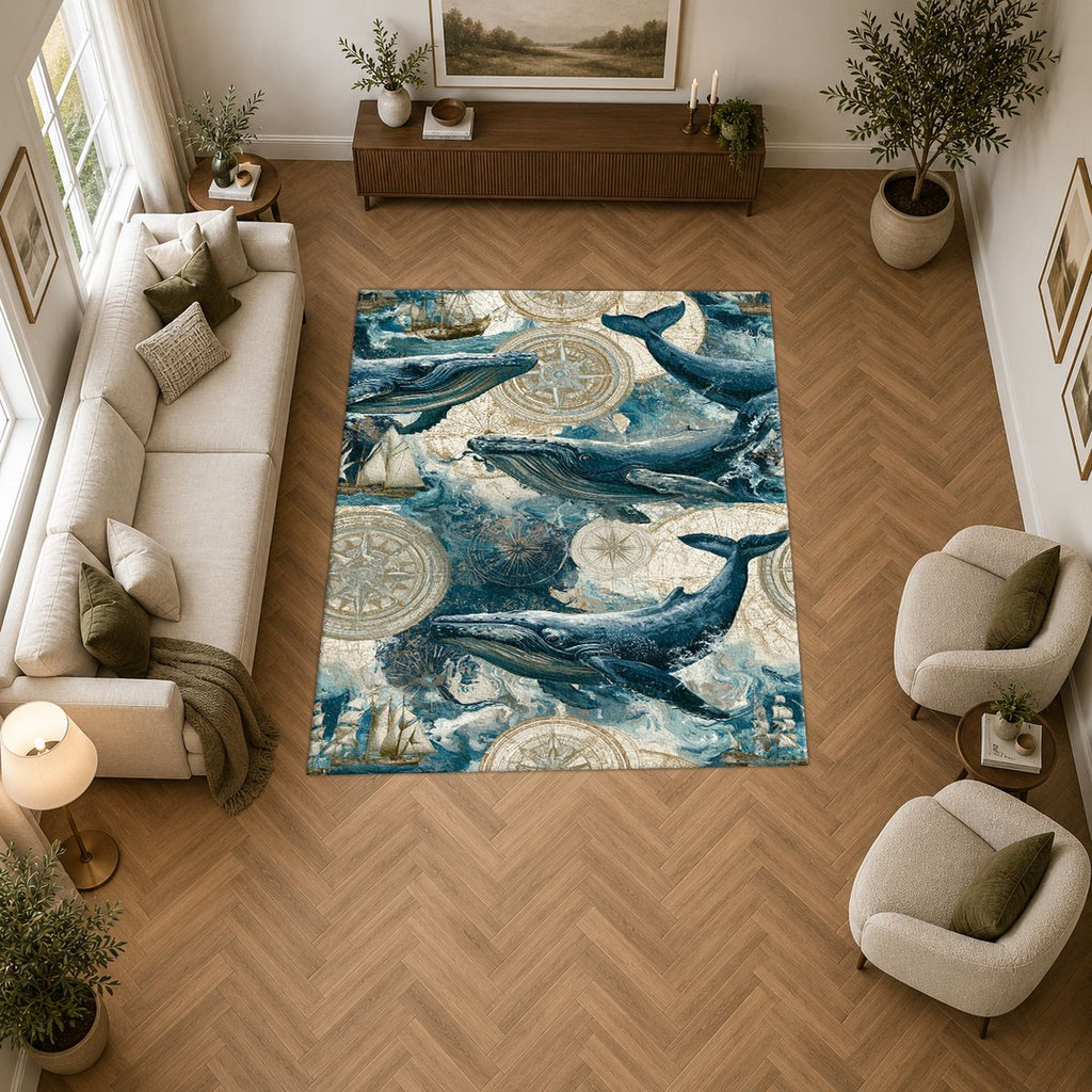 Blue Whales Ocean Pattern printed area rug