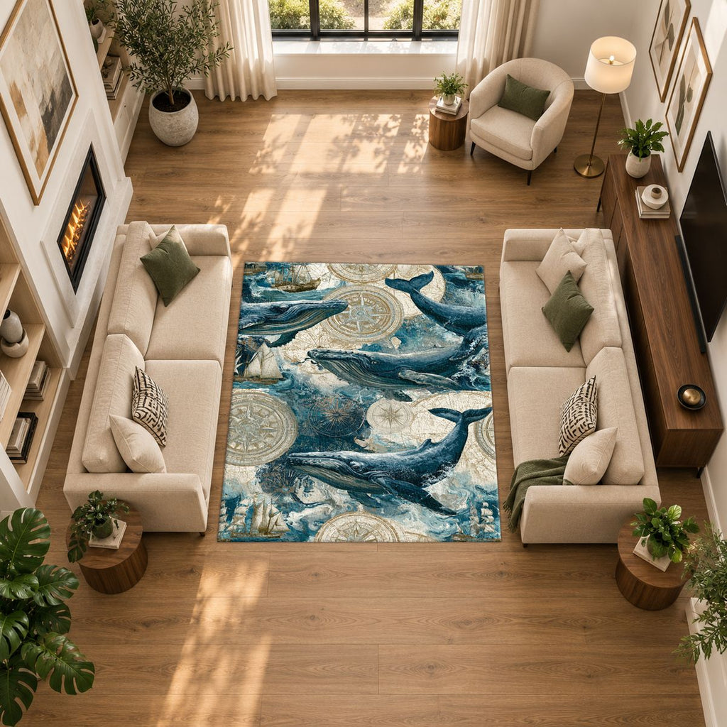Blue Whales Ocean Pattern printed area rug