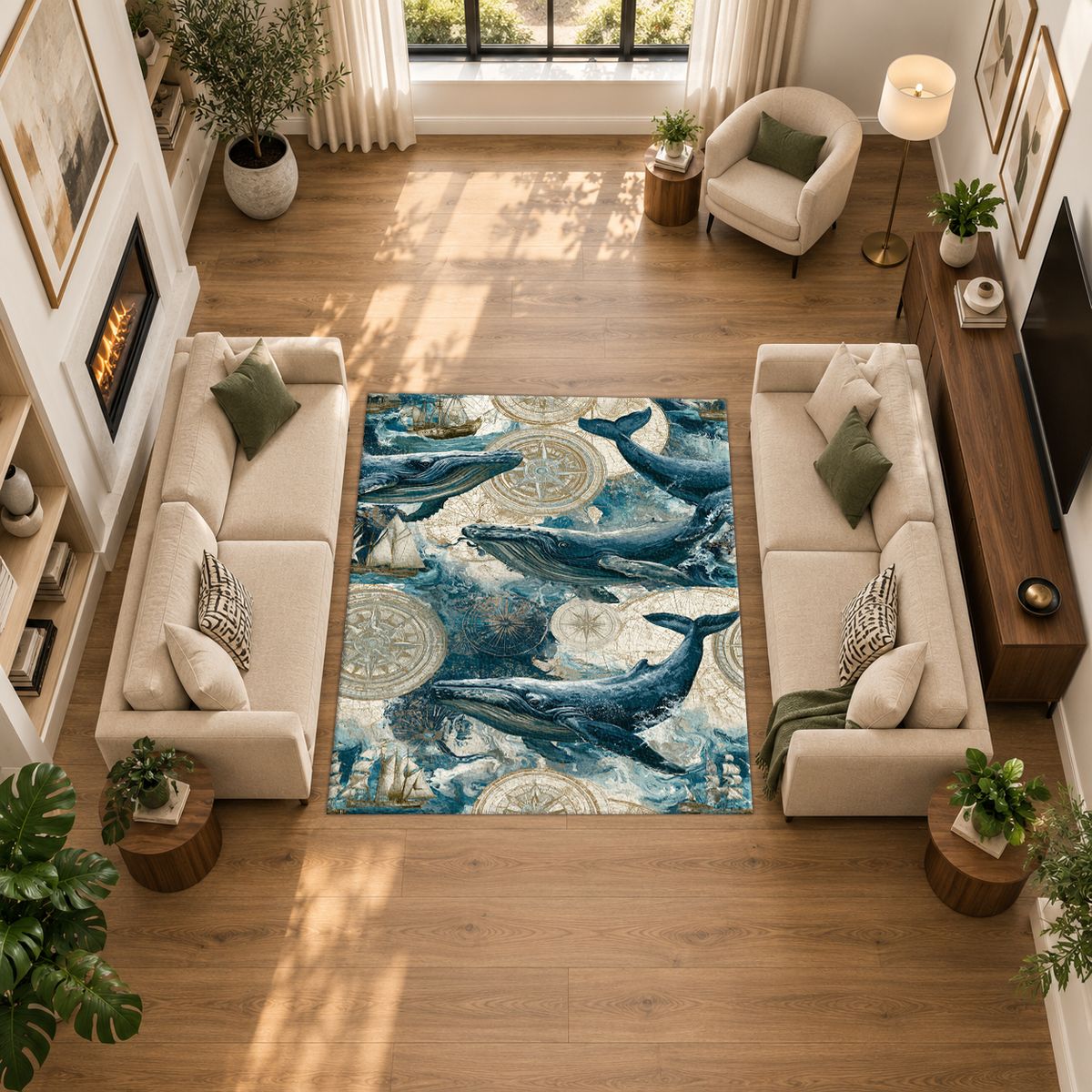 Blue Whales Ocean Pattern printed area rug