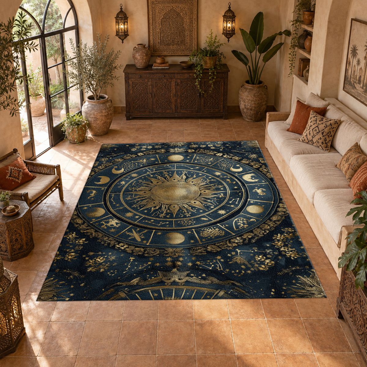 Navy and Gold Zodiac Wheel printed area rug