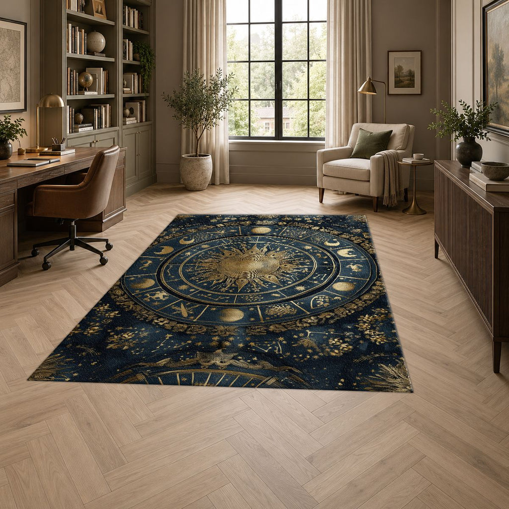 Navy and Gold Zodiac Wheel printed area rug
