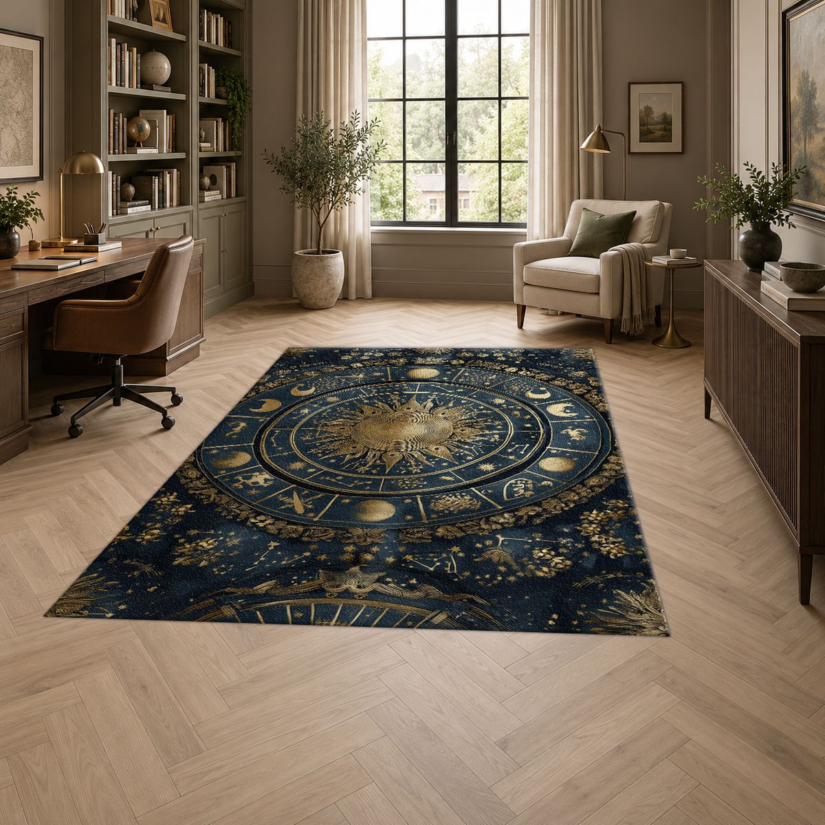 Navy and Gold Zodiac Wheel printed area rug