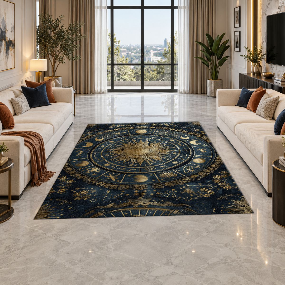 Navy and Gold Zodiac Wheel printed area rug