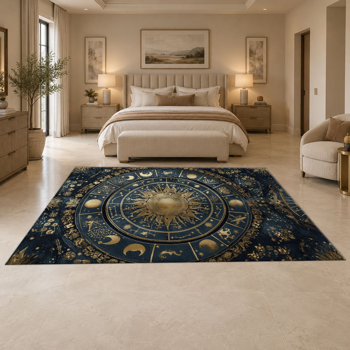 Navy and Gold Zodiac Wheel printed area rug