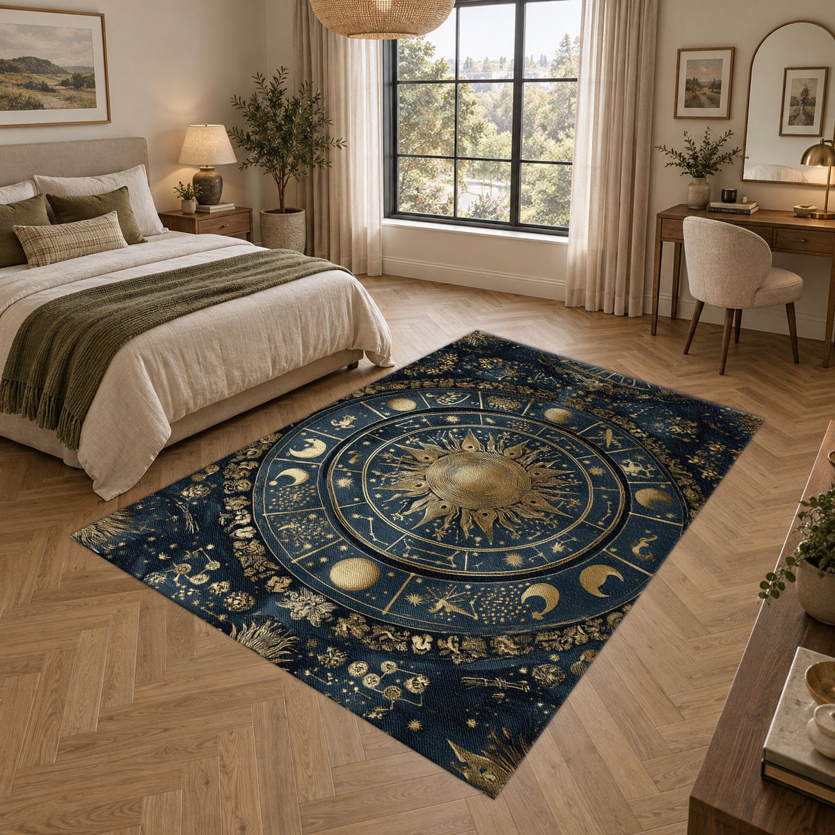 Navy and Gold Zodiac Wheel printed area rug