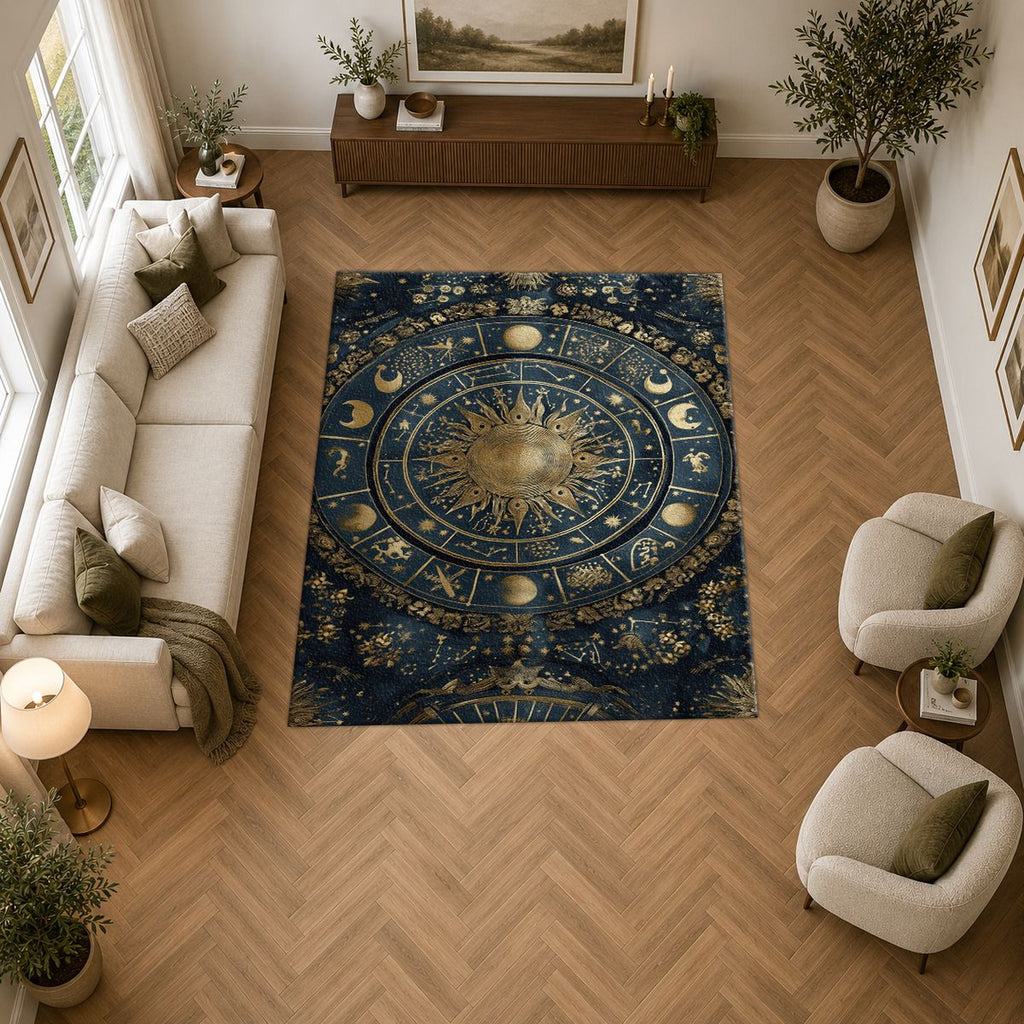Navy and Gold Zodiac Wheel printed area rug