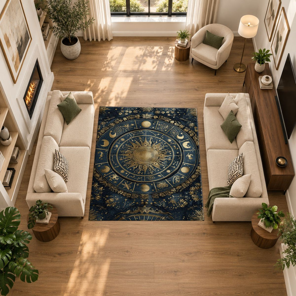 Navy and Gold Zodiac Wheel printed area rug