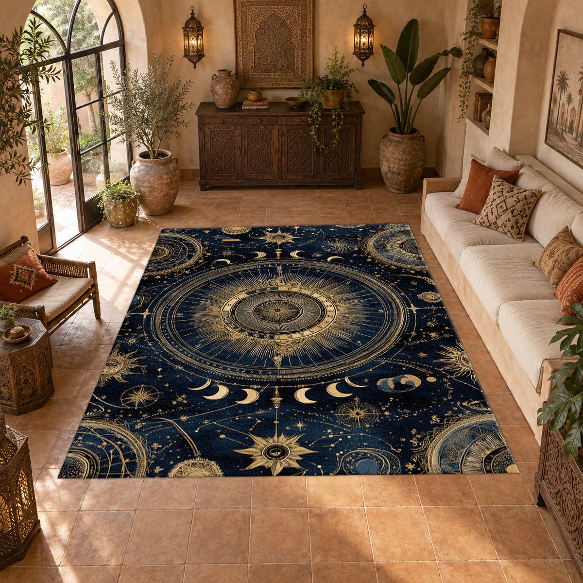 Celestial Sun and Moon Compass printed area rug