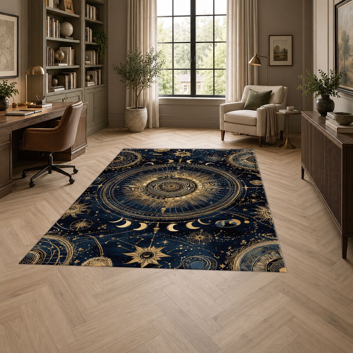 Celestial Sun and Moon Compass printed area rug