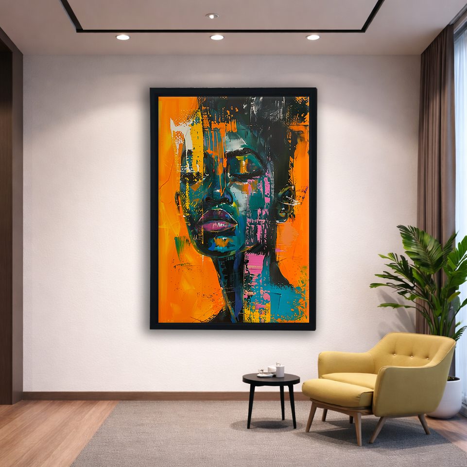 Abstract African Woman Portrait Orange Teal canvas wall art, black floating frame