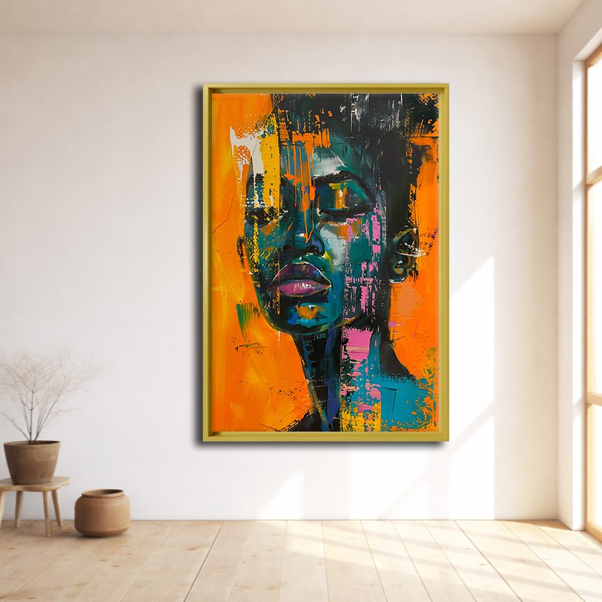 Abstract African Woman Portrait Orange Teal canvas wall art, natural wood floating frame