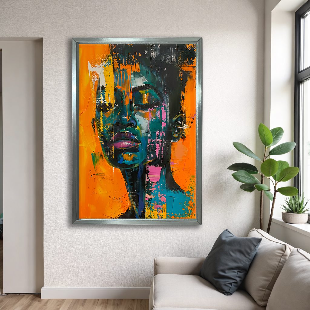 Abstract African Woman Portrait Orange Teal canvas wall art, silver floating frame